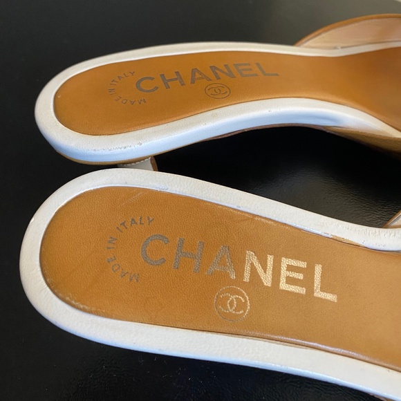 Chanel brown white leather heels mules slip ons slides 36.5 - Picture 6 of 8